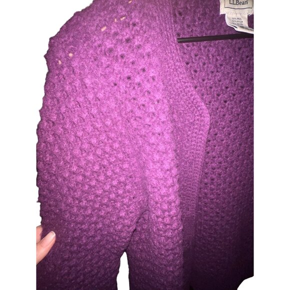 LL Bean Plum Purple Pom Pom Crochet Button Up Cardigan Wool Blend Sweater Sz Med - Picture 5 of 5